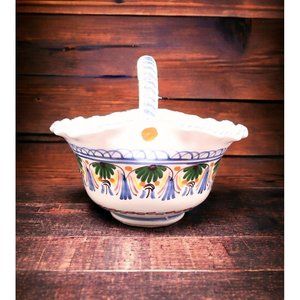 Handmade Spanish Art Pottery Ruffle Handle Basket Vintage Handpainted Ethnic